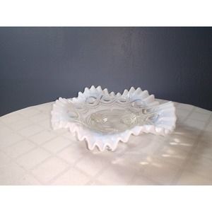 Northwood Jefferson glass dish beaded cable dish with ruffled edges- French Opal